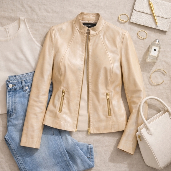 Vintage 90s North Beach Leather Gold Tan Moto Jacket USA Pearlescent Minimalist - Picture 3 of 11